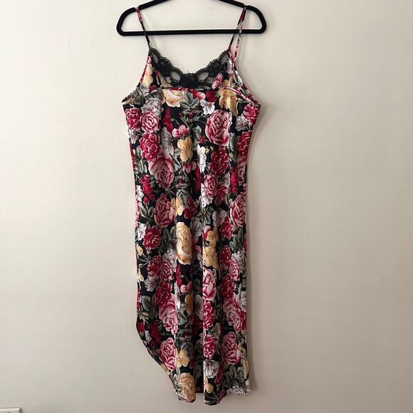 VTG 90s Floral Slip Dress Satin & Lace Red Pink Roses Asymmetrical Inner Most L - Picture 6 of 9